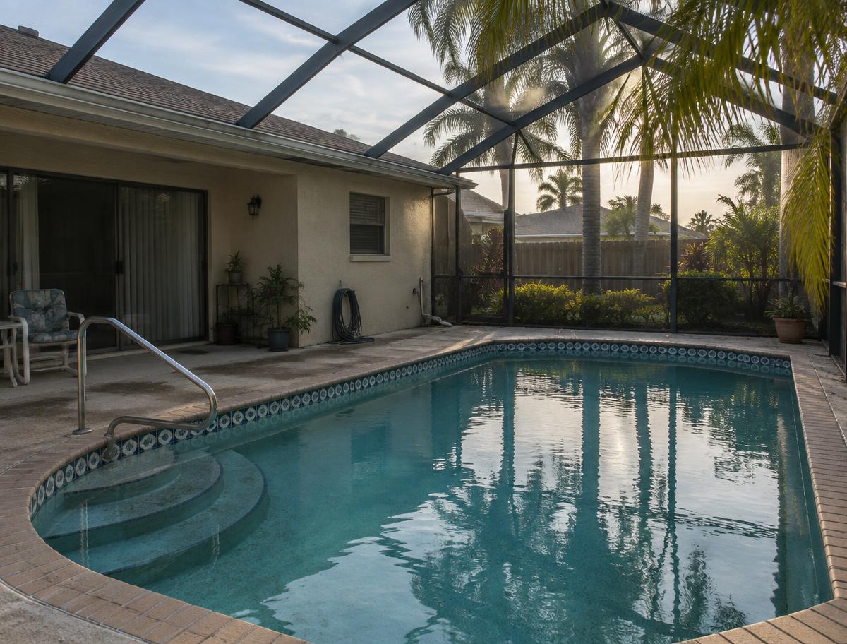 Screened-in residential pool behind a Florida house at dusk