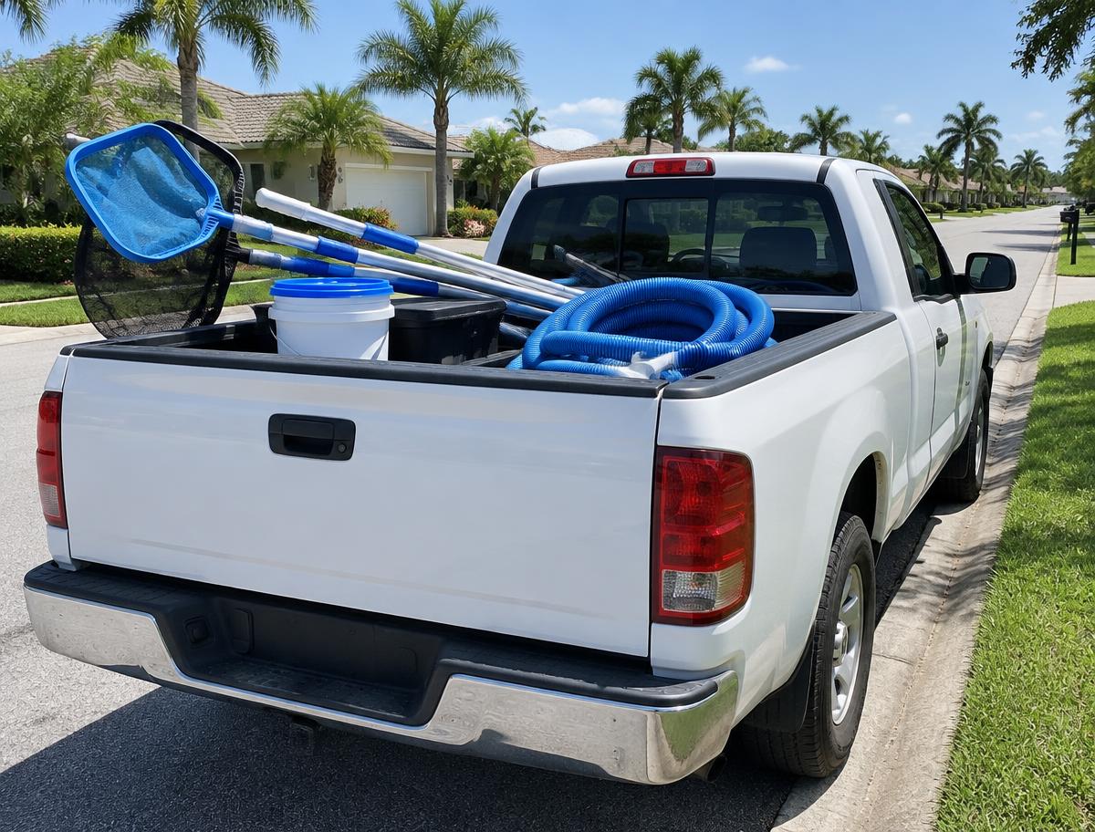 Pool service truck with poles, nets and hose at a Florida curb