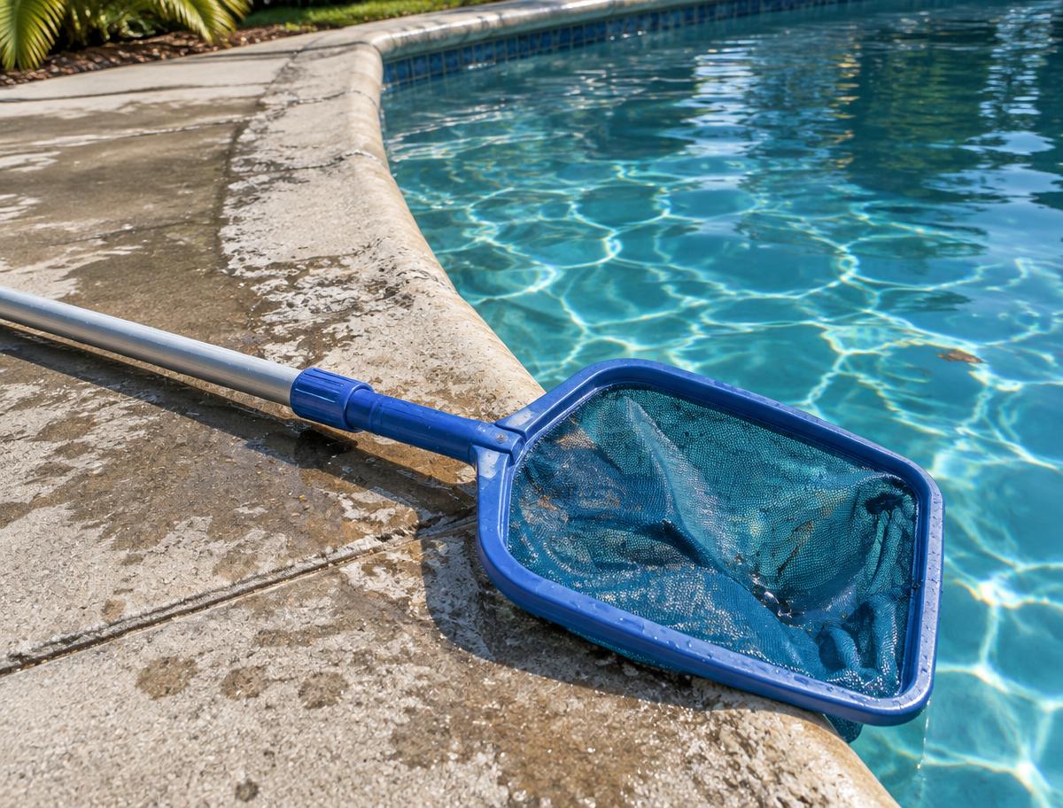 Skimmer net resting on the deck of a residential pool
